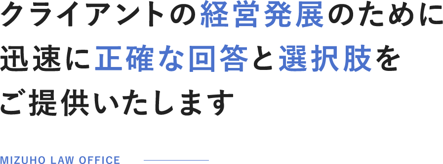 クライアントの経営発展のために迅速に正確な回答と選択肢をご提供いたします